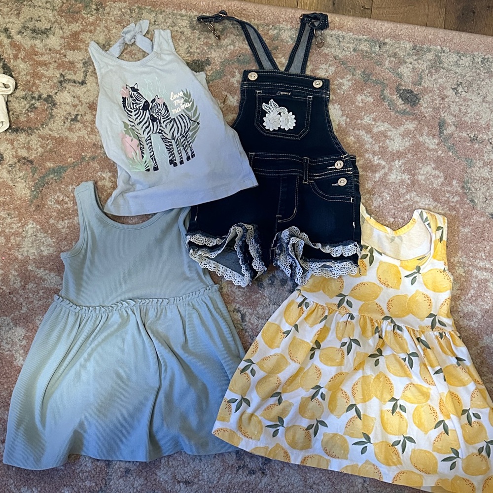 2T Girls Lemon Print Dress, Light Blue Dresses & Denim Lace Shortalls